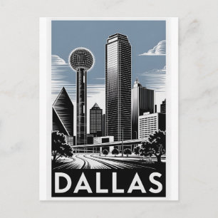 Dallas Texas Skyline Schwarz Weiß Holzschnitt Postkarte