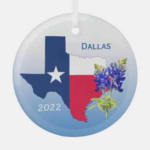 Dallas, Texas Staatsumriss & Bluebonnets Weihnacht Ornament Aus Glas