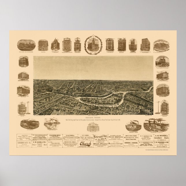 Dallas, TX Panorama Karte - 1892 Poster (Vorne)