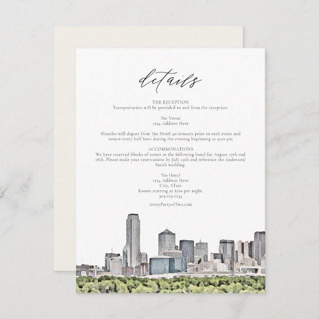 DALLAS Watercolor Skyline Wedding Details Card Einladung (Vorne/Hinten)