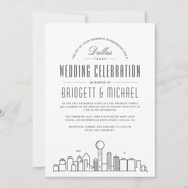 Dallas Wedding | Moderner Deko Skyline Einladung (Vorderseite)