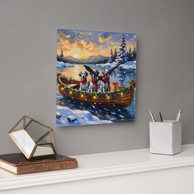 Dalmatian Christmas Boat Holiday Quadratische Wanduhr (Büro)