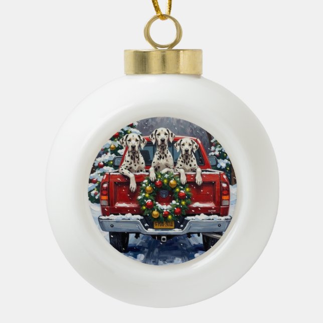 Dalmatian Christmas Red Truck Holiday Keramik Kugel-Ornament (Vorderseite)