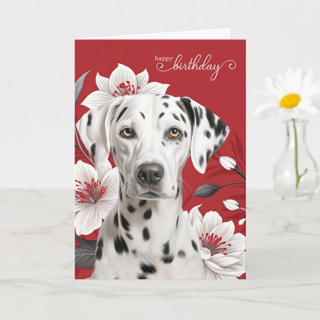 Dalmatian Dog with White Lilies on Red Birthday Karte (Kleine Pflanze)