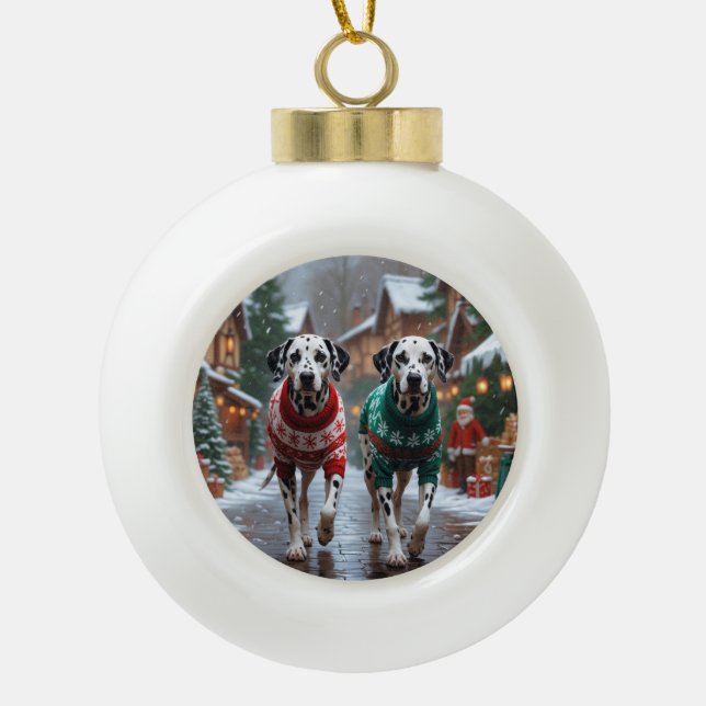Dalmatian Dogs Christmas Snow Holiday  Keramik Kugel-Ornament (Vorderseite)