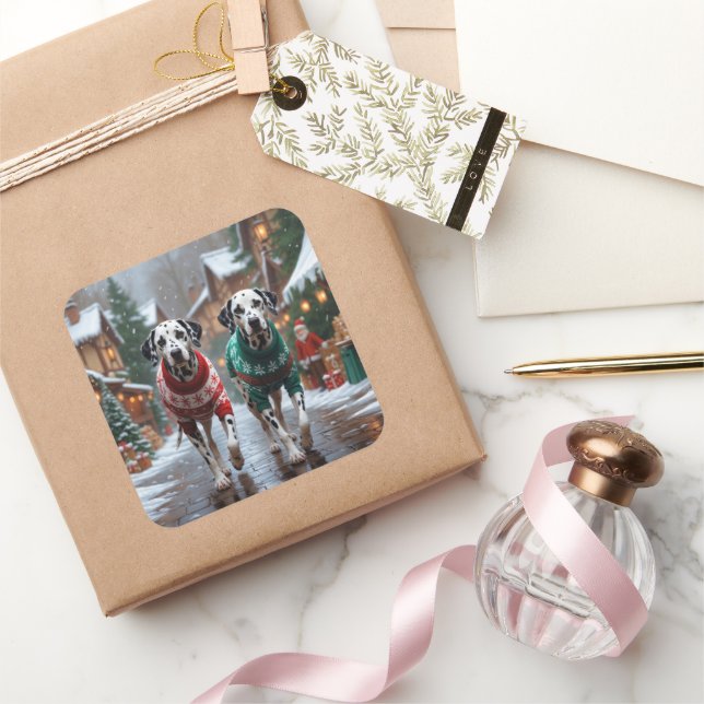 Dalmatian Dogs Christmas Snow Holiday  Quadratischer Aufkleber (Schenken)