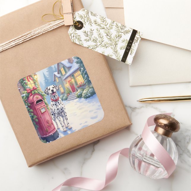 Dalmatian Festive Mailbox Christmas Art Quadratischer Aufkleber (Schenken)