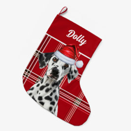 Dalmatian Santa Red Holiday Plaid and Dogs Name Großer Weihnachtsstrumpf