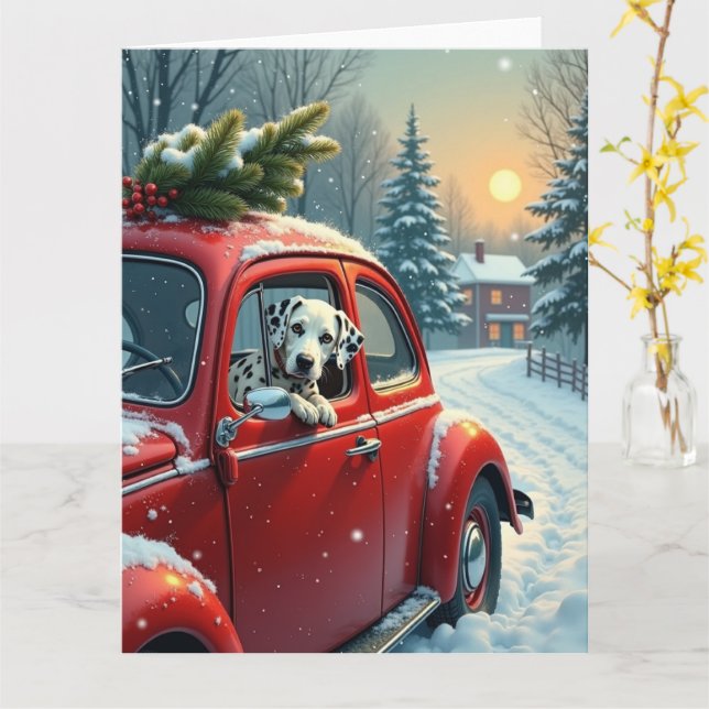 Dalmatian Snowy Car Ride Christmas Painting Karte (Gelbe Blume)