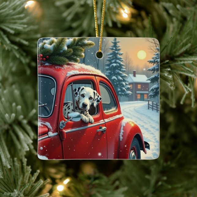 Dalmatian Snowy Car Ride Christmas Painting Keramikornament (Baum)