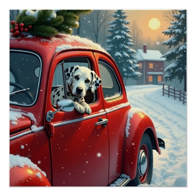 Dalmatian Snowy Car Ride Christmas Painting Poster (Vorderseite)