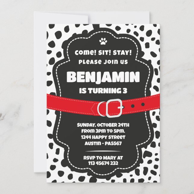 Dalmatian Spots Black Invitation for Birthday Einladung (Vorderseite)