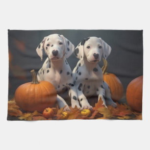 Dalmatian-Welpe Herbstfreude Kürbis Geschirrtuch