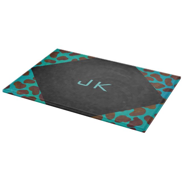 Dalmatiner braun und Aquamarin mit Monogramm Schneidebrett (Ecke)
