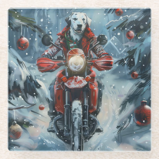 Dalmatiner Dog Riding Motorrad Weihnachten Glasuntersetzer (Vorderseite)