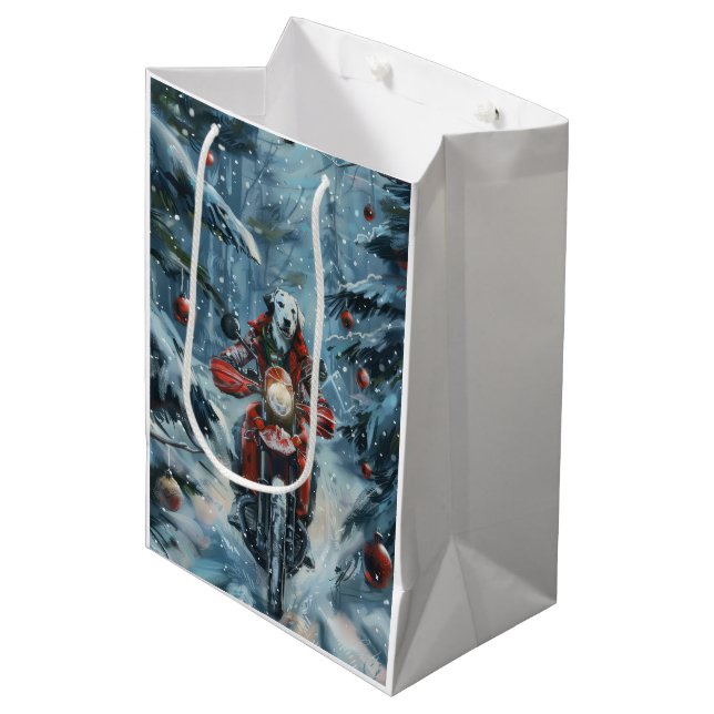 Dalmatiner Dog Riding Motorrad Weihnachten Mittlere Geschenktüte (Vorderseite Schrägansicht)