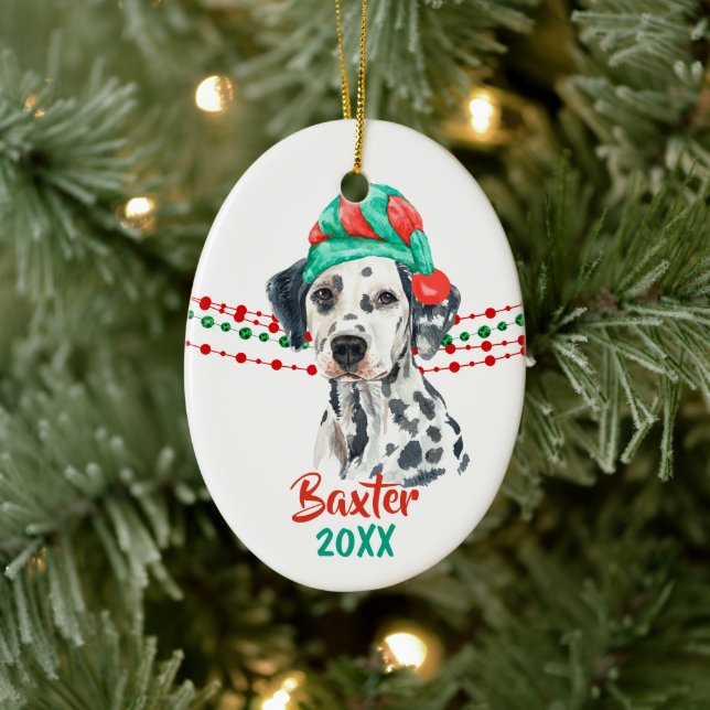 Dalmatiner Dog Weihnachtsmannmütze Holiday String  Keramik Ornament (Baum)