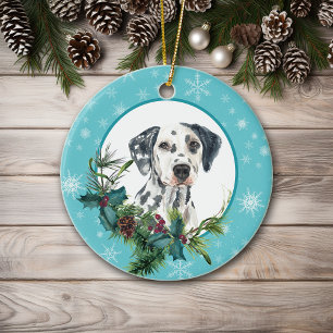 Dalmatiner Evergreen Blue Snowflake Border Keramik Ornament
