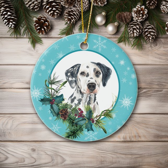 Dalmatiner Evergreen Blue Snowflake Border Keramik Ornament (Von Creator hochgeladen)