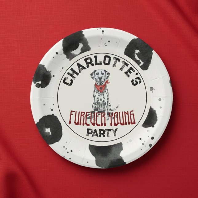 Dalmatiner Furever Young 1. Geburtstag Pawty Pappteller (Celebrate your headliner's special day with this Dalmatian Furever Young 1st Birthday Pawty Plate!)