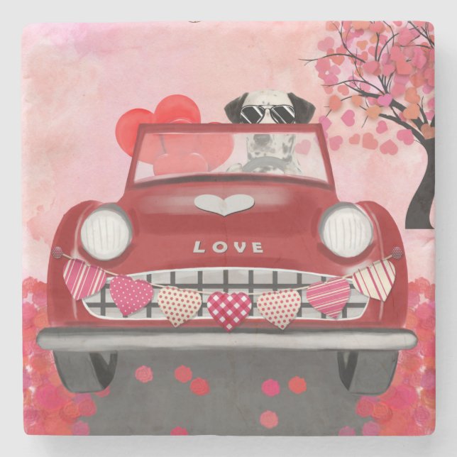 Dalmatiner Hund Auto mit Herzvalentiner Steinuntersetzer (Vorderseite)
