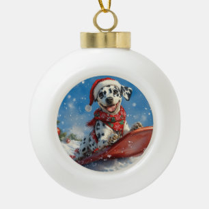 Dalmatiner-Hund im Schlitten Lass es schneien Weih Keramik Kugel-Ornament