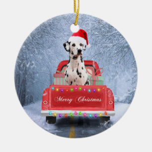 Dalmatiner Hund im Schnee sitzen im Weihnachtswage Keramik Ornament