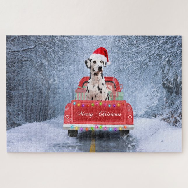 Dalmatiner Hund im Schnee sitzen im Weihnachtswage Puzzle (Horizontal)