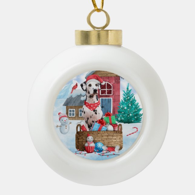 Dalmatiner Hund im Schnee Weihnachtshundehaus Keramik Kugel-Ornament (Vorderseite)