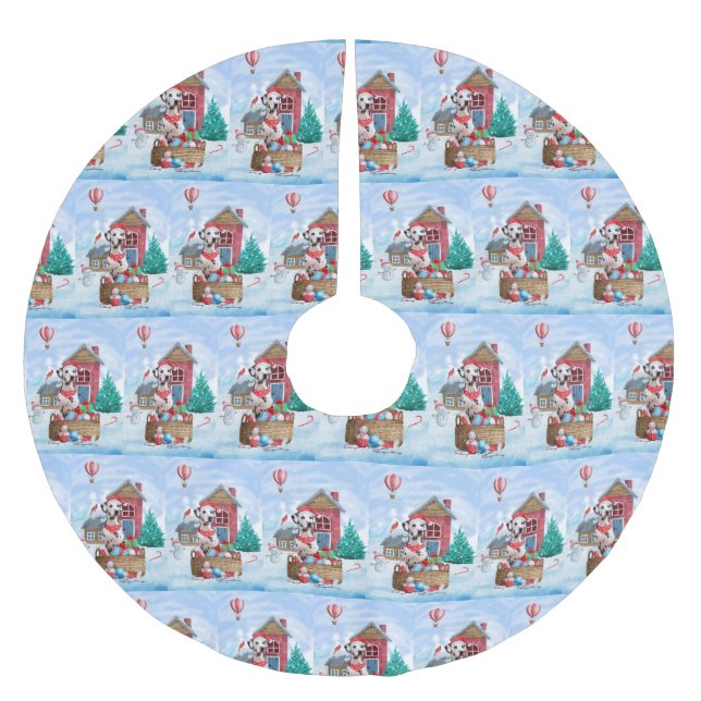 Dalmatiner Hund im Schnee Weihnachtshundehaus Polyester Weihnachtsbaumdecke (Vorderseite)