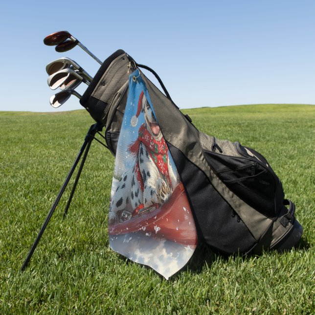 Dalmatiner Hund in Sledge Lass es Schnee Weihnacht Golfhandtuch (Gras)