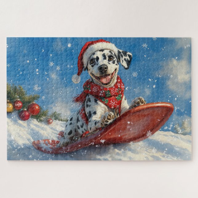 Dalmatiner Hund in Sledge Lass es Schnee Weihnacht Puzzle (Horizontal)