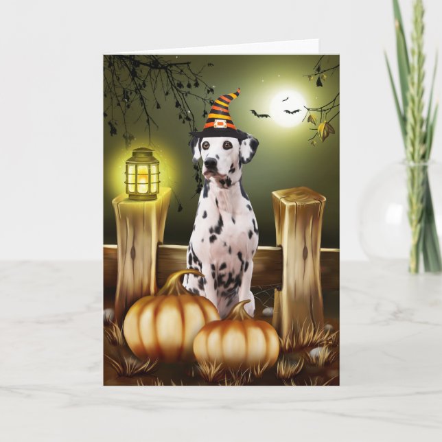 Dalmatiner Hund mit Hexenhut Halloween-Geschenkide Karte (Vorderseite)