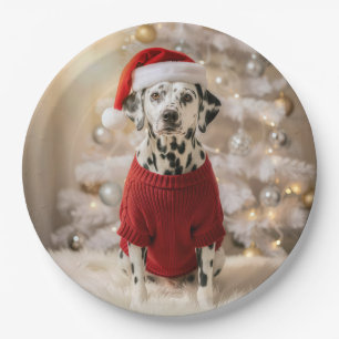 Dalmatiner-Hund mit rotem Weihnachtspullover Pappteller