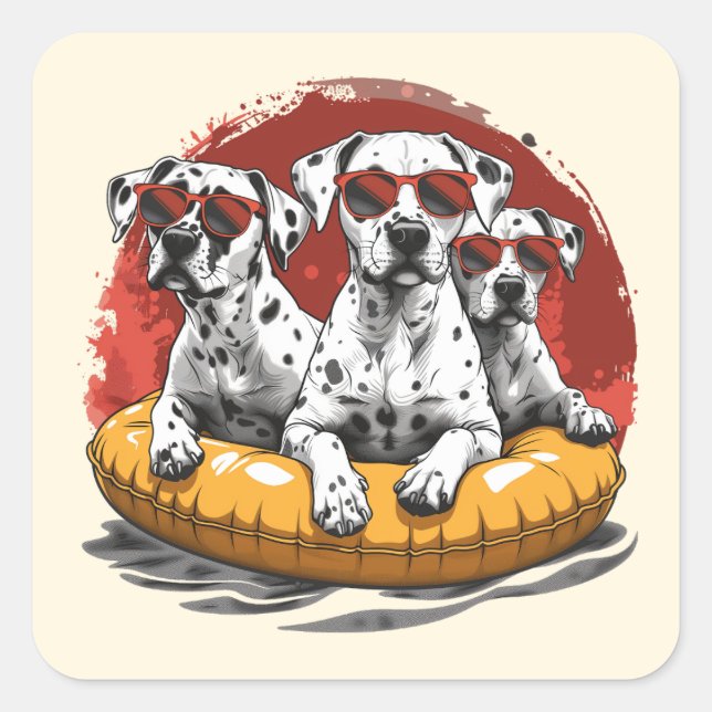 Dalmatiner Hunde Sommer Ananas Pool Float Quadratischer Aufkleber (Vorderseite)