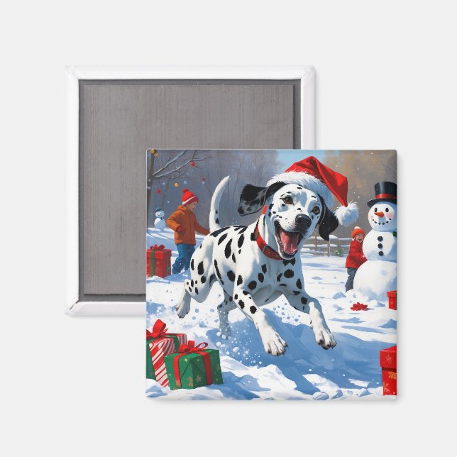 Dalmatiner läuft im Schnee mit Weihnachtshut Magnet (Vorderseite/Rückseite)