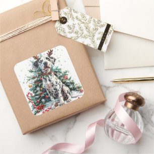 Dalmatiner mit Rentierfäusten am Weihnachtsbaum Quadratischer Aufkleber