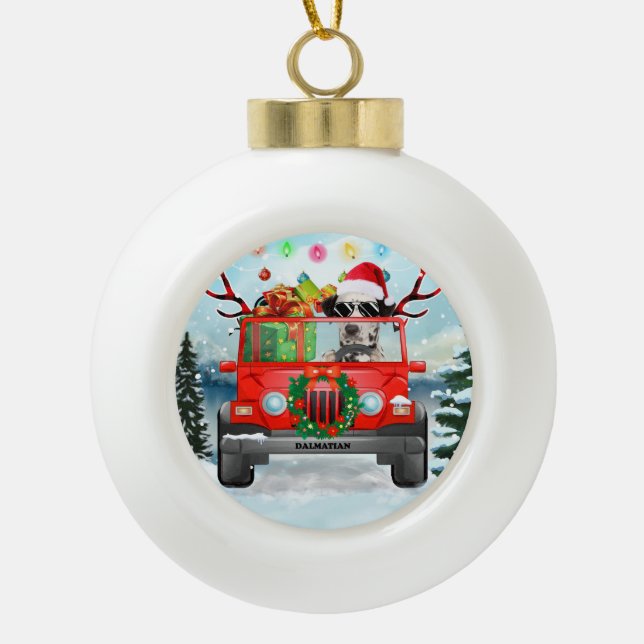 Dalmatiner mit Weihnachtsgeschenke Keramik Kugel-Ornament (Vorderseite)