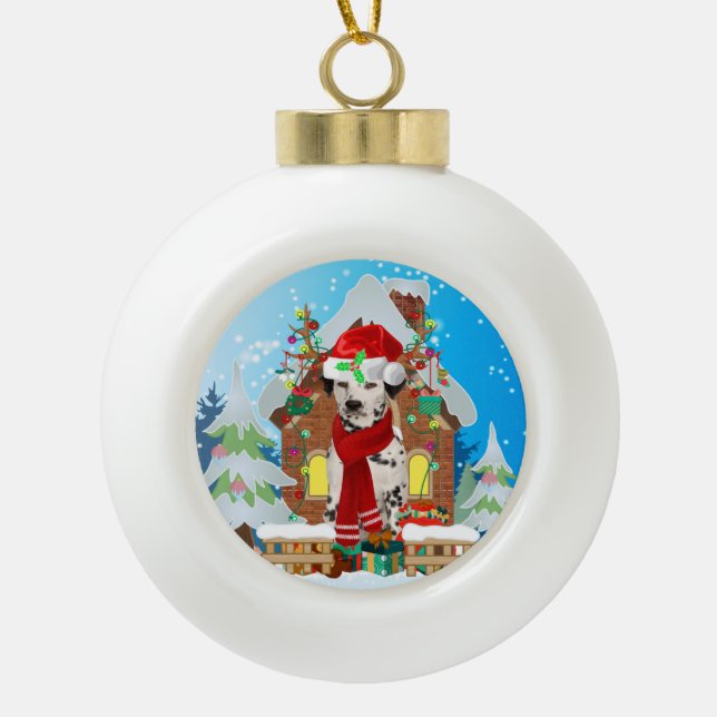 Dalmatiner mit Weihnachtsgeschenke Keramik Kugel-Ornament (Vorderseite)