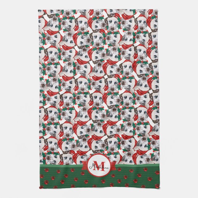 Dalmatiner Pattern Monogram Christmas Dog Geschirrtuch (Vertikal)