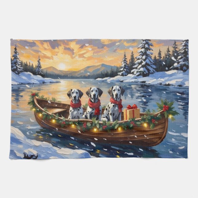 Dalmatiner Weihnachtsboot-Feiertag Geschirrtuch (Horizontal)