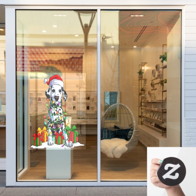 Dalmatiner Weihnachtsmannmütze in Weihnachtsbeleuc Fensteraufkleber (Schaufenster)