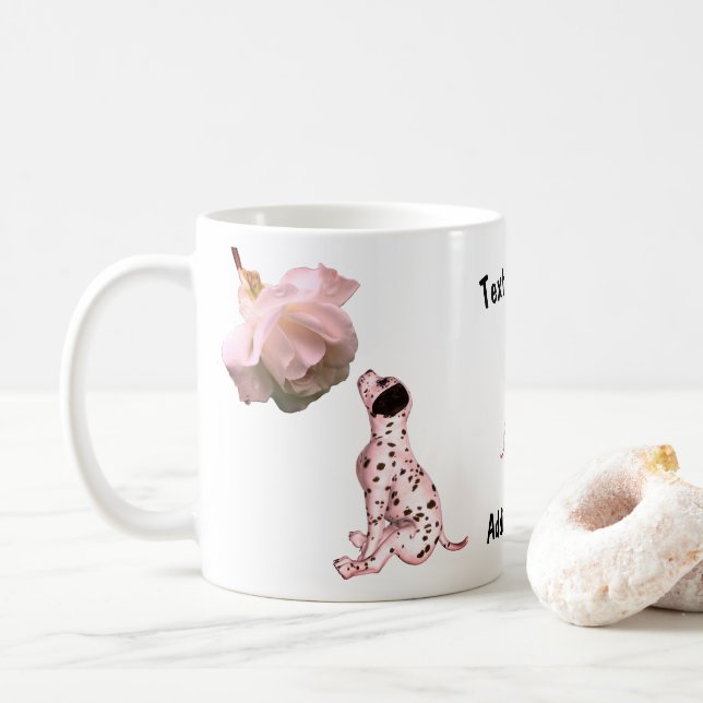 Dalmatiner Welpe und Weiße Rose Personalisiert Kaffeetasse (Mit Donut)