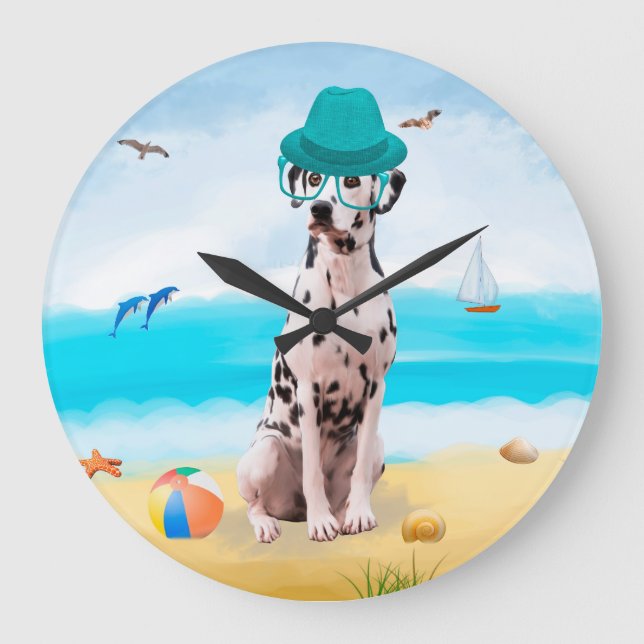 Dalmation Dog on Beach Große Wanduhr (Vorderseite)
