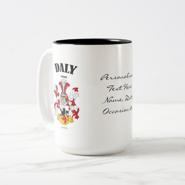 Daly Familienwappen, Übersetzung und Bedeutung Zweifarbige Tasse (Vorderseite Links)