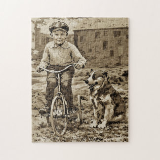 Damals Junge auf Fahrrad mit Hund Puzzle