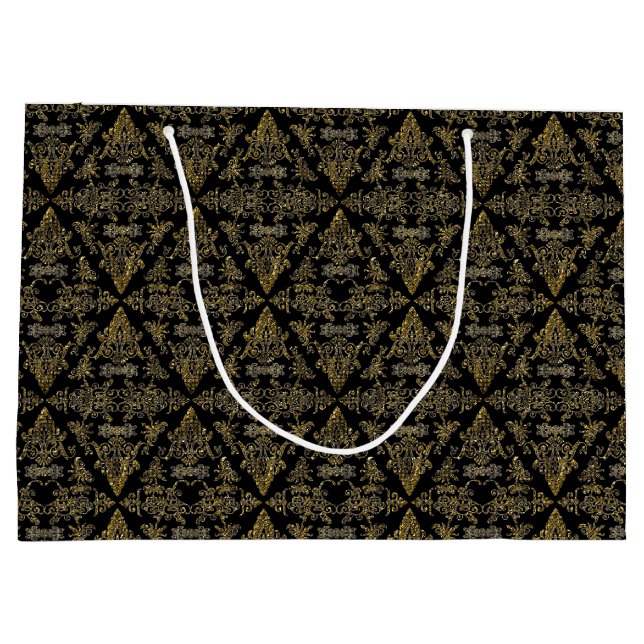 Damask 06 Schwarz-Gold-Große Geschenktasche Große Geschenktüte (Rückseite)