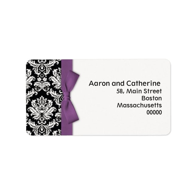 Damask Address Labels mit Lila Bow Adressaufkleber (Vorne)