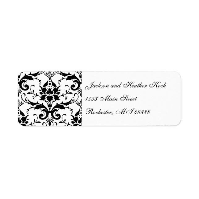 Damask Address Labels Schwarz-weiß Hochzeitformula (Vorne)