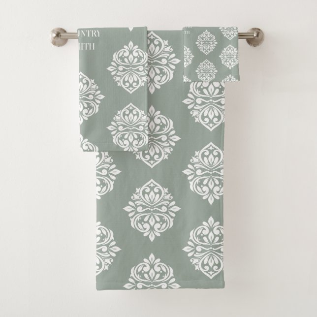 Damask Ambiente Personalisiert Blassolive Badhandtuch Set (Insitu)